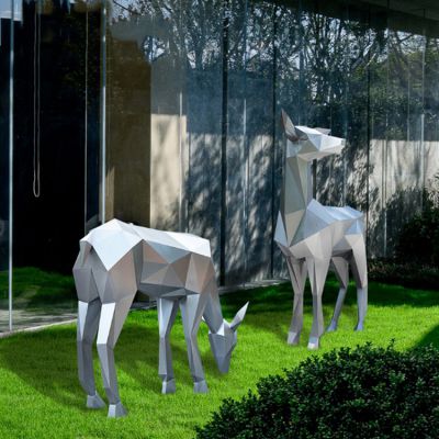 公園別墅幾何不銹鋼兩只鹿雕塑